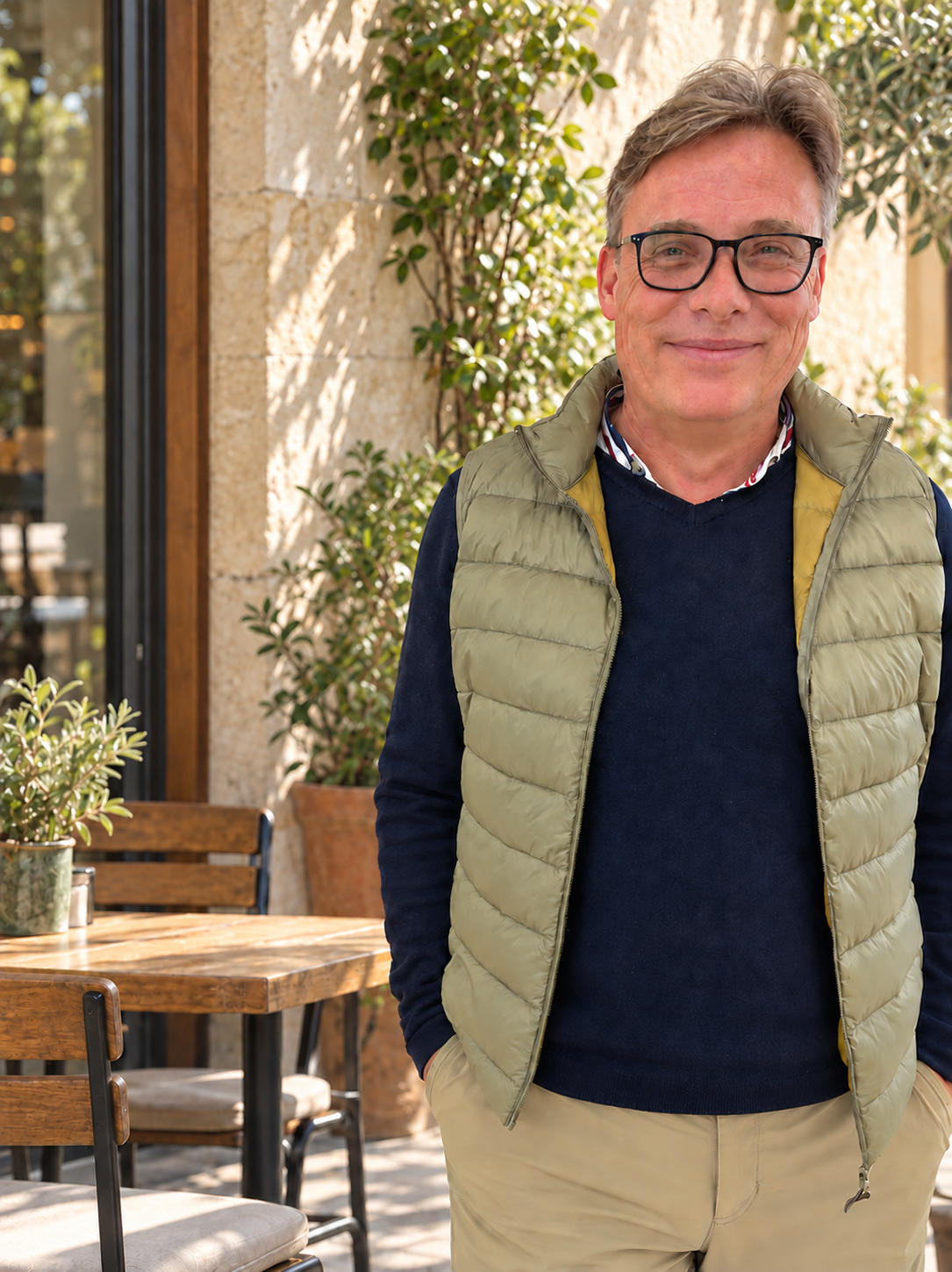 Sven Wildberger mit einem leichten Lächeln auf einer sonnigen Caféterrasse